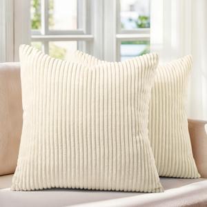 Pack of 2 Cream Corduroy Decorative Throw Pillow Covers 16x16 Inch Striped Spring Cushion Covers Cozy Boho Pillowcase Farmhouse Home Decor Soft Accent Cushion Case for Couch Sofa Bed 40x40 cm