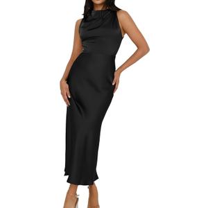 Memoriesea Women's Sexy Sleeveless Cowl Neck Flowy A Line Party Cocktail Midi Dress (Black, XL)