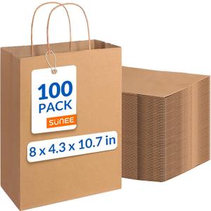 SUNEE 100Pcs Brown Paper Bags with Handles, 8x4.3x10.7 Inchs Gift Bags Bulk Medium Size, Kraft Paper Gift Bags for Party, Favor, Shopping, Grocery,Craft, Takeout Packaging and Bakery, Brown