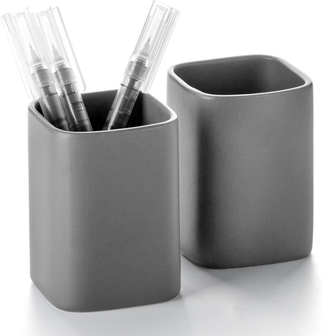 Pen Holder, 2 Pack Pencil Holder for Desk,Ceramic Pencil Cup Desk Organizer, Makeup Brush Holder Cute, Stationery Accessories for Office, School, Home (Matte gray)
