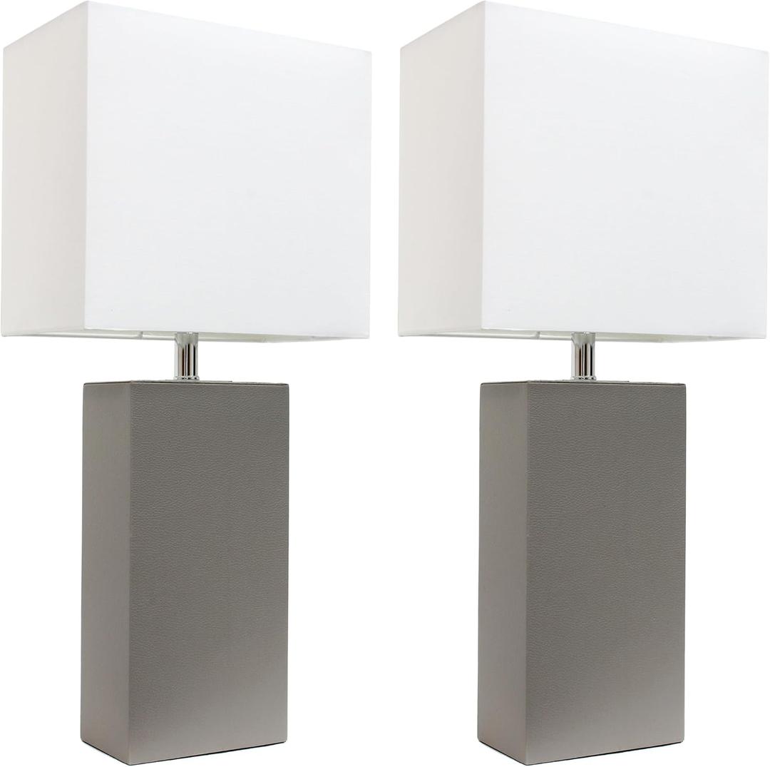 Lexington 21" 2-Pack Leather Base Modern Home Décor Bedside Table Lamp Set for Living Room, Bedroom, Entryway, Foyer, or Office with White Rectangular Fabric Shade (Gray)