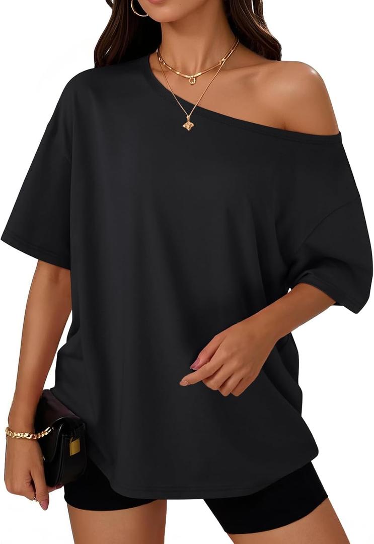 Trendy Queen Womens Off The Shoulder Tops Oversized T-Shirts Short Sleeve Tees Summer 2025 Casual Spring Fashion Clothes (Medium, Black)