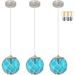 3 Pack 6" Blue Coastal Pendant Light Kitchen Island,Glass Globe Ocean Ceiling Light Fixture Beach House,Dimmable Hemp Rope Light Fixture Hanging For Bathroom Living Room Farmhouse Bedroom(Bulb Incl.