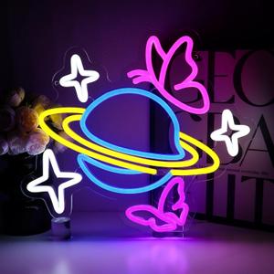 Planet Neon Sign for Wall Decor, Butterflies Led Signs for Bedroom, USB Dimmable Galaxy Neon Lights for Game Room Bar Home Pub Office Birthday Party Aesthetic Decor Wall Art