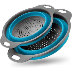 2 Pack Collapsible Silicone Colander with Handle, Over Sink Foldable Food Strainer, BPA-Free Space Saving Drain Basket for Vegetables, Fruits, Pasta, Kitchen & Camping (Blue)