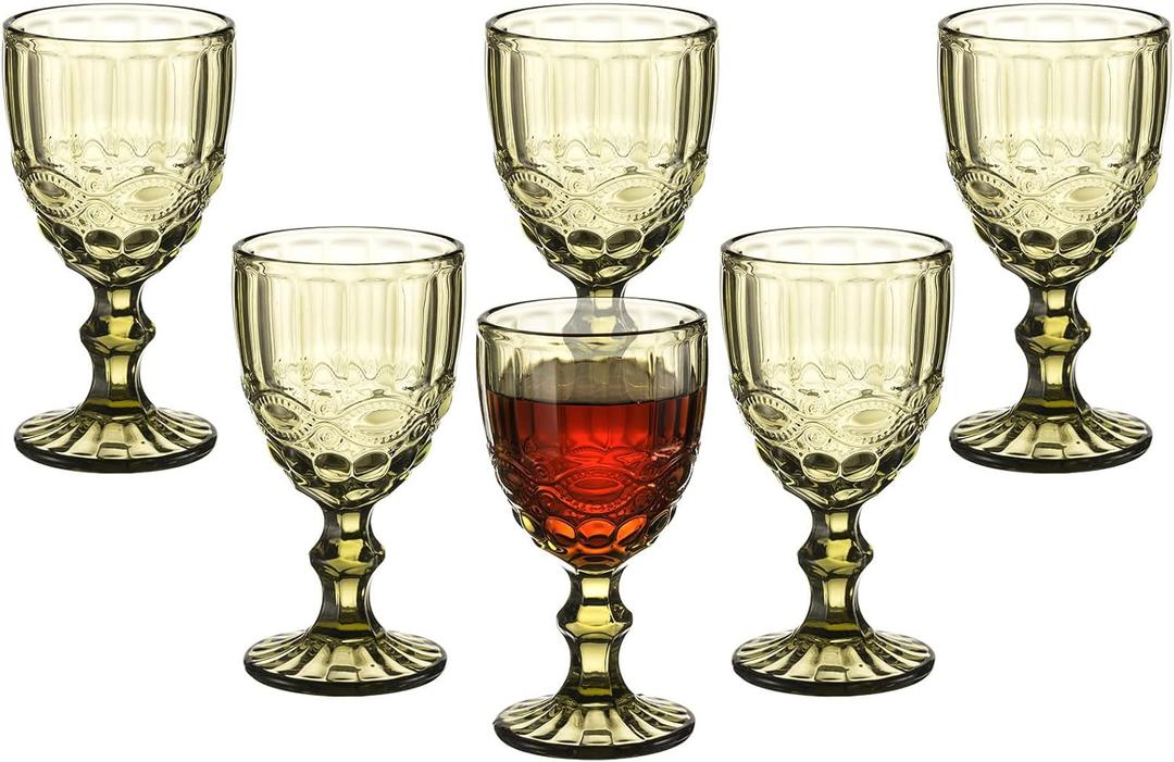 Vintage Wine Glasses Set of 6, 10 Ounces Colored Glass Water Goblets, Unique Embossed Pattern High Clear Stemmed Glassware Wedding Party Bar Glass Drinking Cups Floral Green