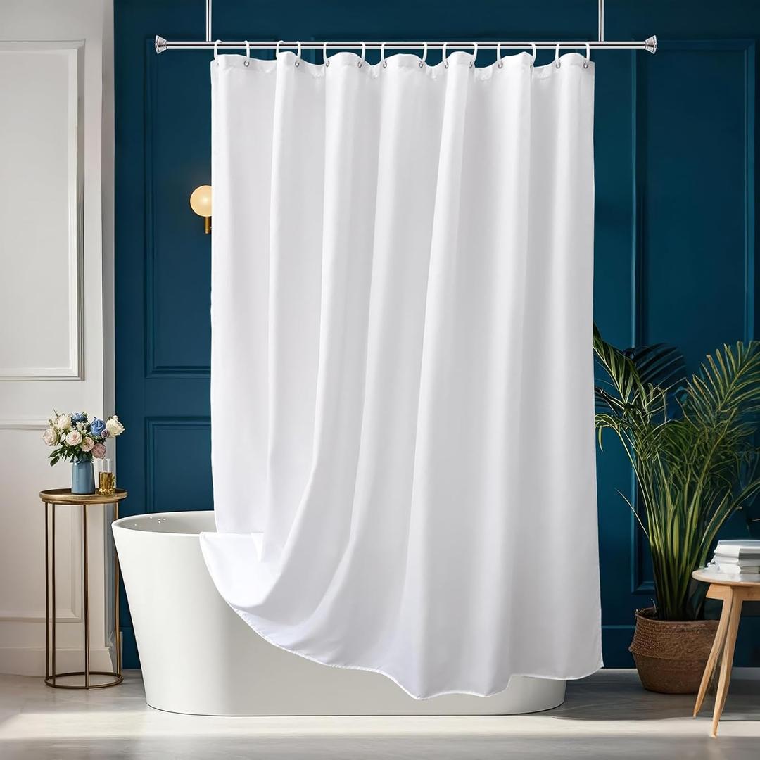 AooHome White Fabric Shower Curtain Liner, Bathroom Curtain with Hooks for Hotel, Waterproof, Weighted Hem, 72 Width x 75 Height Inch