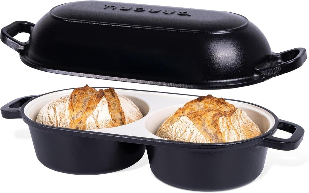 nuovva Dutch Oven for Sourdough Bread Baking  Enamelled Cast Iron Bread Loaf Pot  500F Oven Safe Non Stick Bread Pot  Double Round Loaf Space, 16.5cm Diameter, Black