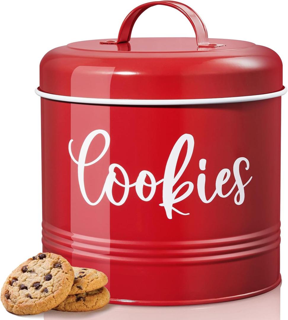 Farmhouse Cookie Jar for Kitchen Counter, 1 Gallon Vintage Cookie Jar with Airtight Lid, Large Food Storage Container for Candy, Cookies, Dessert, Red Kitchen Decor and Accessories