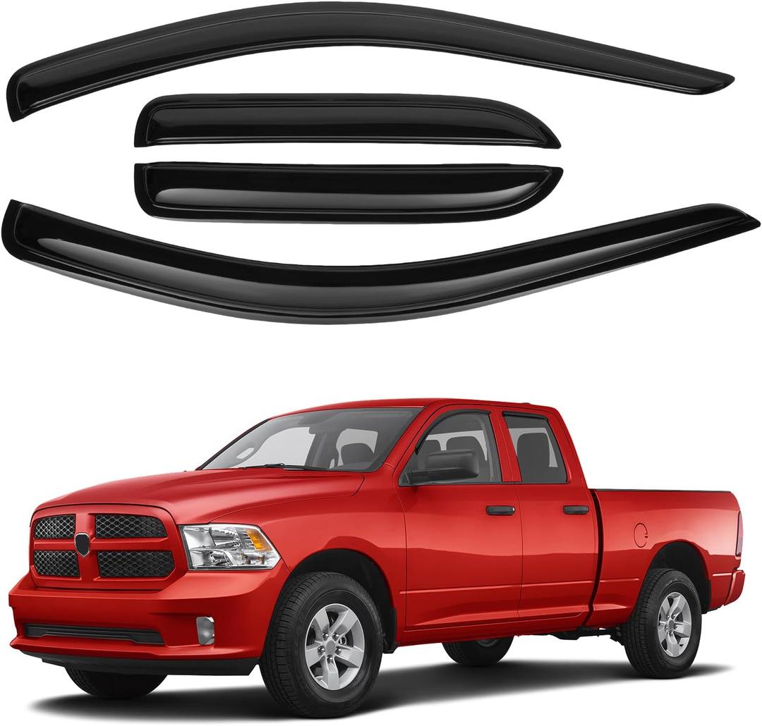 Canvcle Ram Rain Guards - Window Visors for 2002-2008 Dodge Ram 1500/03-09 Ram 2500/3500 Quad Cab,Outside-Mount Tape-On Side Window Wind Deflectors for Ram Accessories,Vent Visors Shades