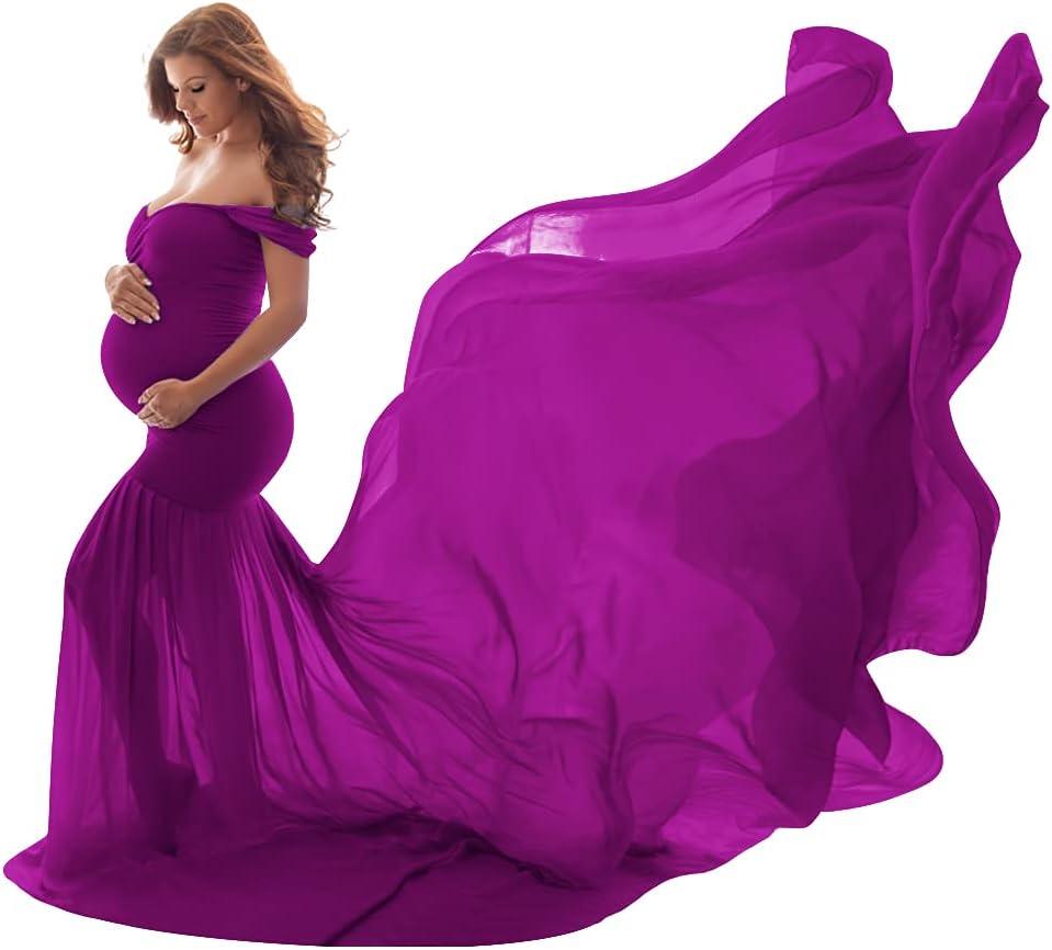 Women Maternity Dress for Photography Mermaid Off Shoulder Slim Fitted Chiffon Gown Flowy Baby Shower Maxi Photo Props Dress (One Size, Purple)