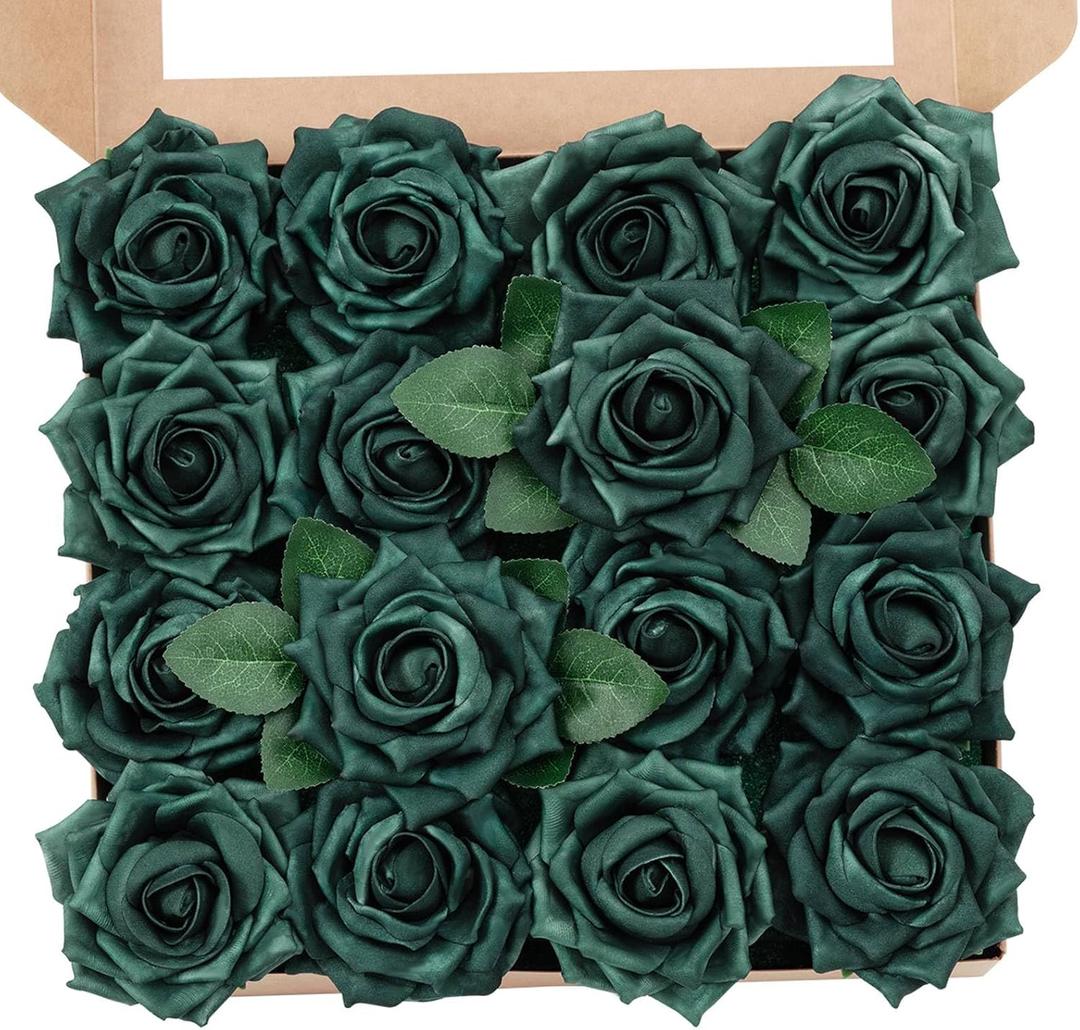 TINGE TIME Peacock Green Flowers Artificial 16pcs Real Looking Foam Fake Roses with Stems for DIY Wedding Bouquets Baby Shower Centerpieces Arrangements Mothers Day Party Tables Decorations
