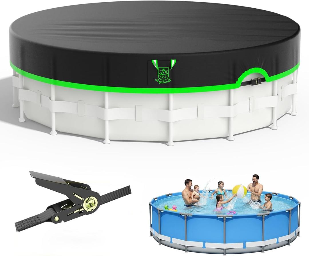 24ft Round Pool Cover, 420D Heavy Duty Above Ground Pool Cover with Sturdy Strap Ratchet Tensioner & Reflective Handles, Enhance Windproof, Side Seamless Tear Resistant, Weather Protection