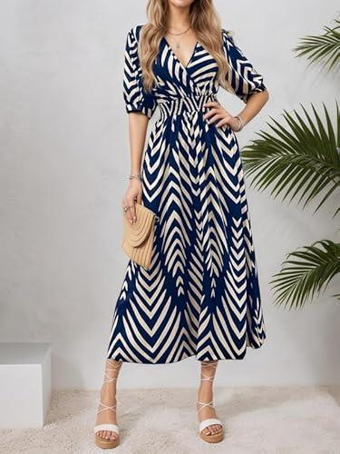 Women's V Neck Half Sleeve Chevron Print Maxi Dress 2026 A Line Casual Summer Beach Vacation Sundress (Blue, Large)