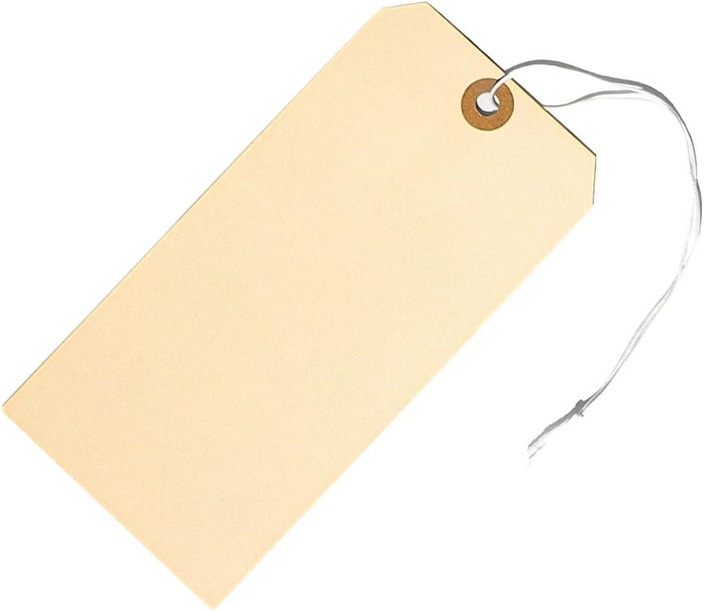 100 Large Tags with Elastic String Attached - # 8, 6 1/4" x 3 1/8" - Big Shipping Tags with Elastic String Loop and Reinforced Hole, Tie On Labels