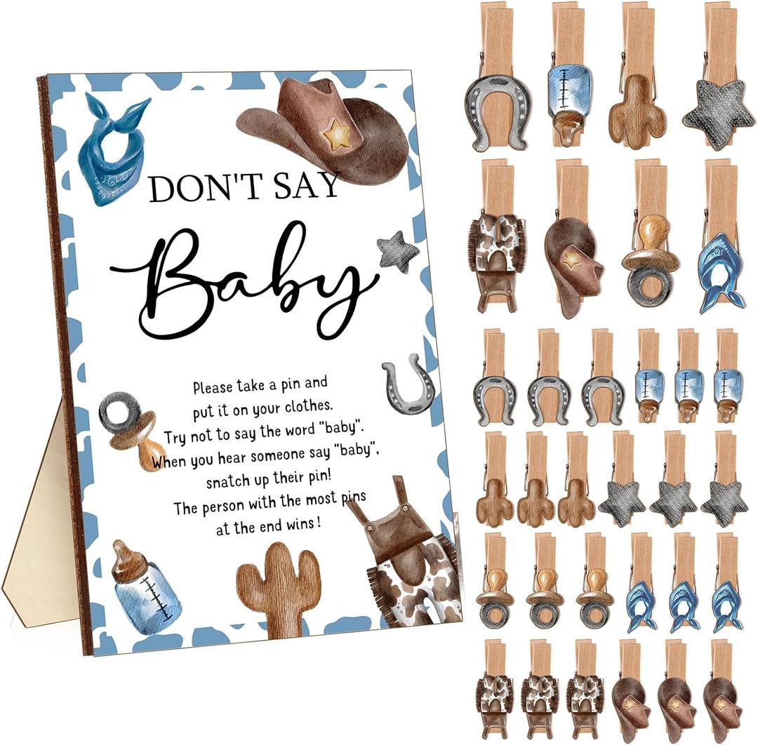 Unittype 51 Pcs Don't Say Baby Shower Game Favors Include Western Cowboy Baby Shower Sign and 50 Mini Cowboy Clothespins for Boys Girls Gender Reveal Party Decoration Supplies