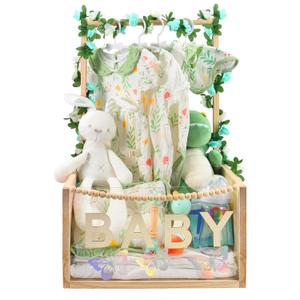 PIIOSER Baby Shower Crate Closet, Multifunctional Wooden & Acrylic Visible Baby Storage Crate with Handle, Newborn Welcome Gifts Basket for Boys Girls, Pregnancy Gifts for New Parents(Beige)