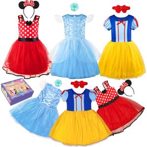 Princess Dress Up Trunk for Toddler Girls, 6 Pcs Fancy Costume Dresses Outfit Pack for Toddlers 2T 3-4T 4-6T