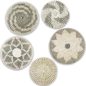 JEKEJIAJIU Set of 5 Rattan Hanging Wall Baskets - Seagrass Boho Wall Art for Living Room or Bedroom