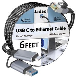 Jadaol USB-C/USB-A to Ethernet Cable 6 ft, Built-in USB-A Adapter, Up to 1Gbps Gigabit RJ45 LAN, Plug & Play for Most Systems, USB 3.0, Nylon Braided, Compatible with Thunderbolt 3/4 Device