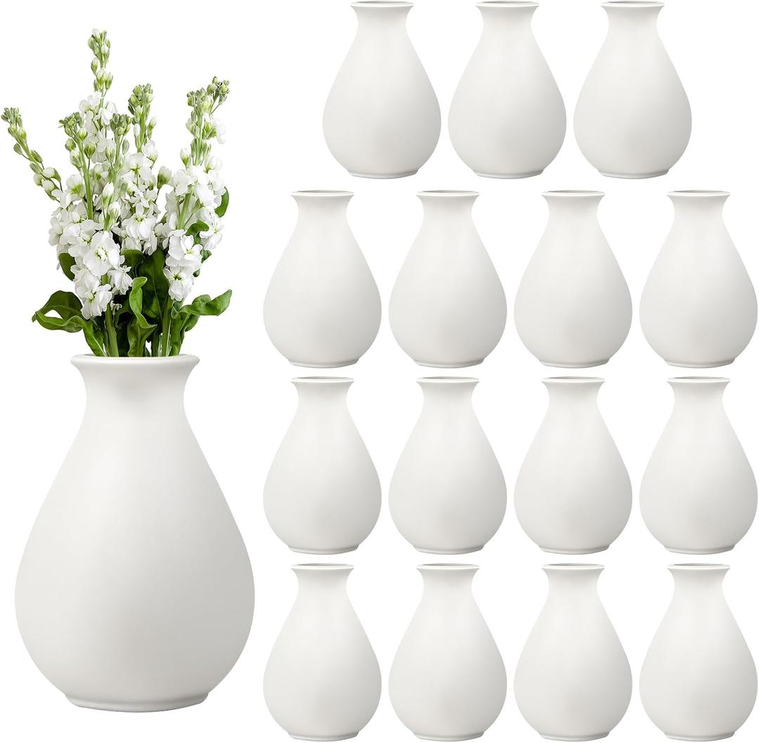 15 Pack White Ceramic Bud Vases Bulk, 3.9 Inch Small Boho Flower Vase, Matte White Vase for Centerpieces, Pampas Grass, Dried Flowers, Wedding Table and Home Dcor