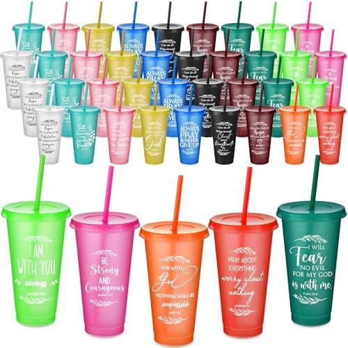 Havawish 48 Pcs Inspirational Christian Gift Bible Verse Tumbler Bulk 24 oz Drinking Tumblers with Lid Straw Religious Plastic Cup for Christmas Appreciation Day Women Men Sunday School (Colour)