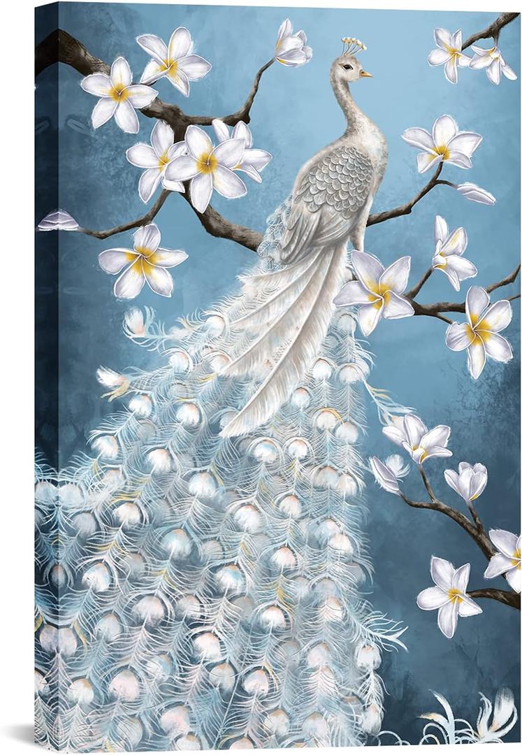 Peacock Canvas Wall Art, Peacock with White Flowers Painting Poster Print Abstract Vintage Peacock Picture Print for Bedroom Living Room Decor(Artwork-03, 24"x36")