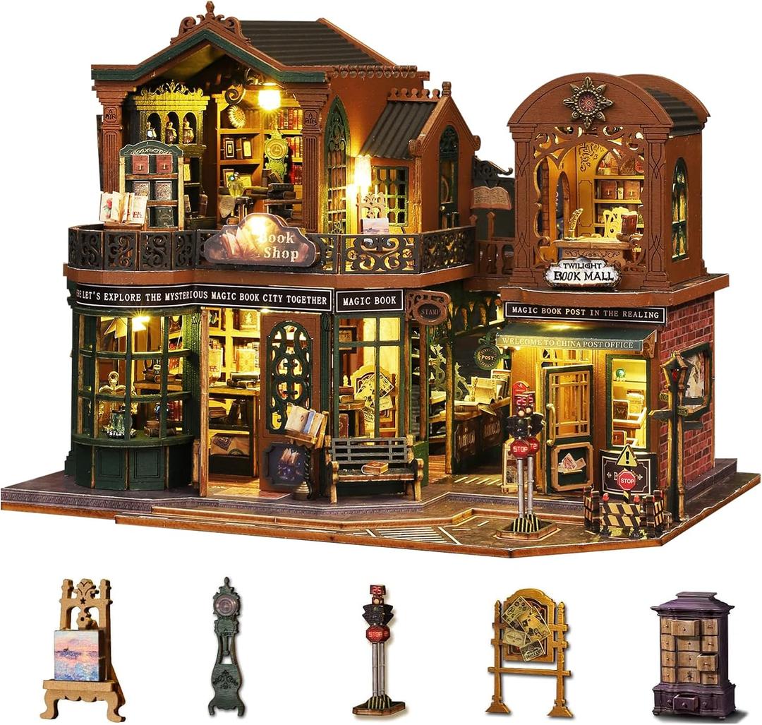 Plustopoy DIY Miniature House Kit for Adults, Mini Wooden Dollhouse Kit, Book Shop Tiny House Diorama Building Kits with Light, 3D Wooden Puzzles Bookend Shelf Insert Decor, Creative Craft
