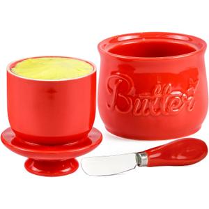 Rixordd Red Butter Crock & Stainless Steel Spreader Knife Set  French Butter Keeper with Water Line, Countertop Butter Dish  Lead-Free Porcelain, Dishwasher-Safe, Vibrant Red