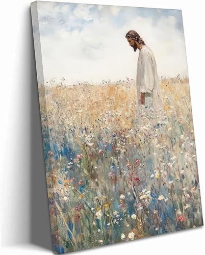 Jesus Canvas Wall Art Jesus Left The 99 Christian Inspirational Painting Picture Wall Decor Jesus with Wildflowers Religious Faith Print Artwork for Living Room Bedroom Church Home Decor, Framed