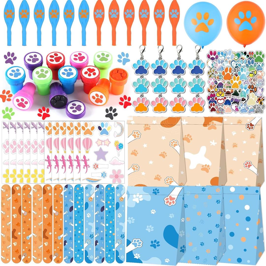 132pcs Blue Dog Party Favors, Blue Orange Dog Paw Birthday Decorations Supplies, Puppy Paw Stamps Balloons Gift Bags Key Chains Slap Bracelets DIY Sticker Goodie Bag Filler for Birthday