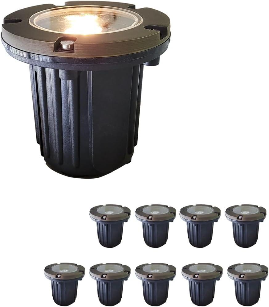 MALORY Brass Top Cover Landscape Well Lights, (4.6''H) 12V Low Voltage Outdoor In Ground Lights,Landscape Lighting for Pathway, Driveway and Garden 10-Pack Without Bulb (Flat Top)