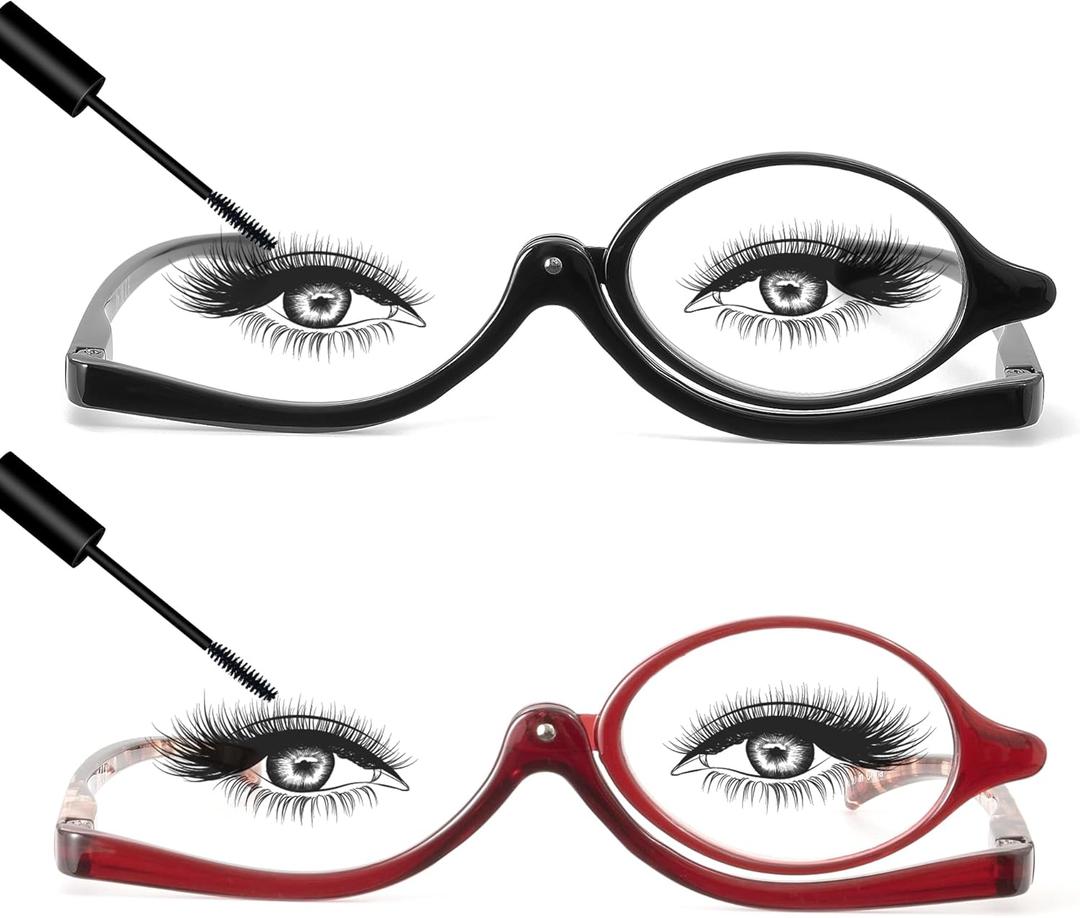 JM 2 Pairs Makeup Reading Glasses Magnifying Flip Down Cosmetic Readers for Women with Spring Hinge +2.25 (Black & Red)