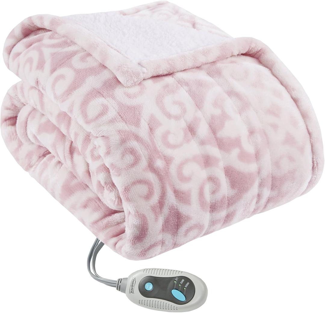 Beautyrest Wearable Electric Poncho Wrap Blanket, Ultra Soft Sherpa & Berber Fleece Heated Throw, UL Certified & Oeko-TEX, 3 Heat Settings & 2 Hour Auto Shutoff, Gift-Ready, 50" x 64", Blush Lattice
