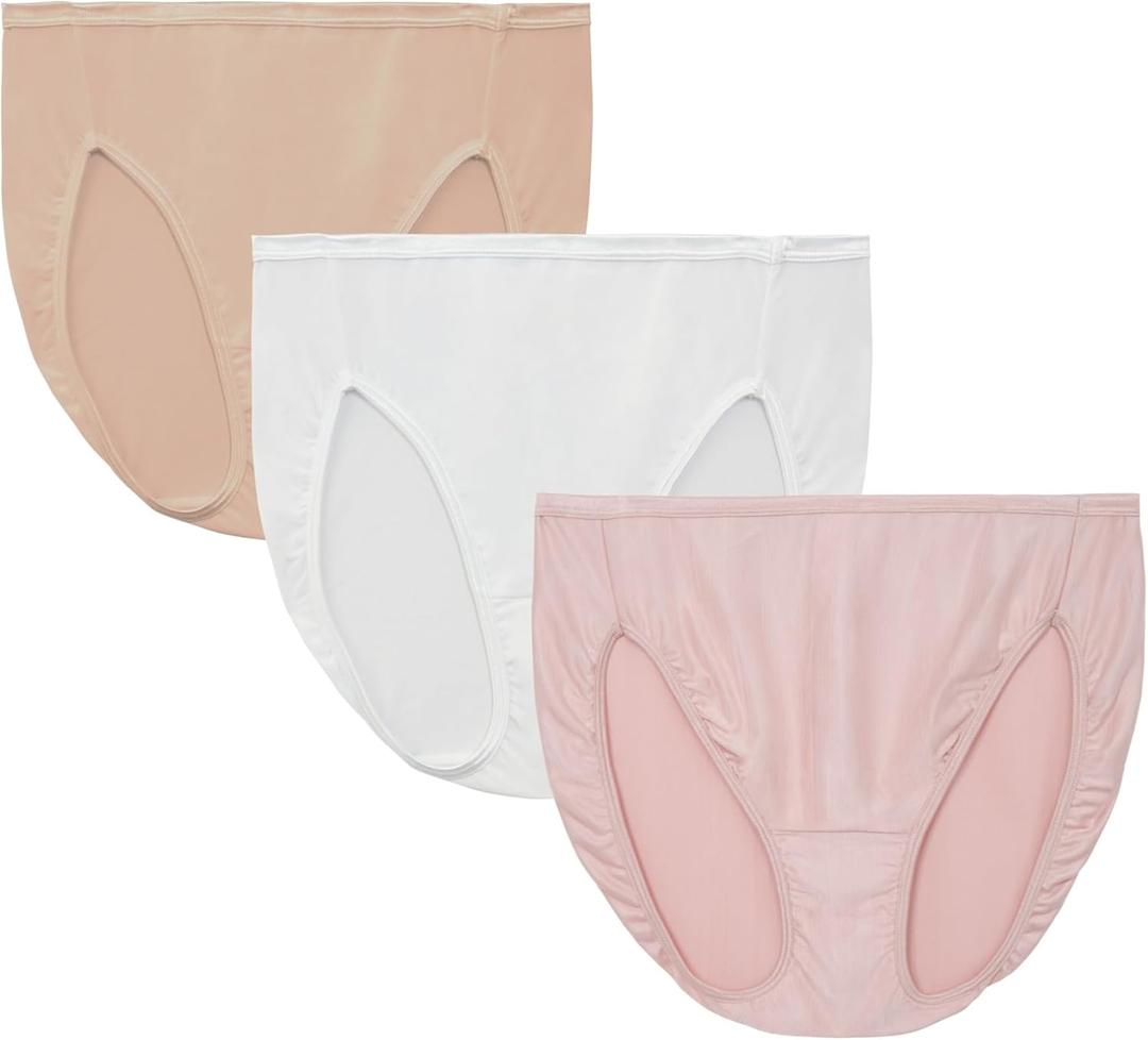 Vanity Fair Women's Illumination Hi Cut Panties, Silky Stretch & Satin Trim (9, 3 Pack - White/Quartz/Beige)