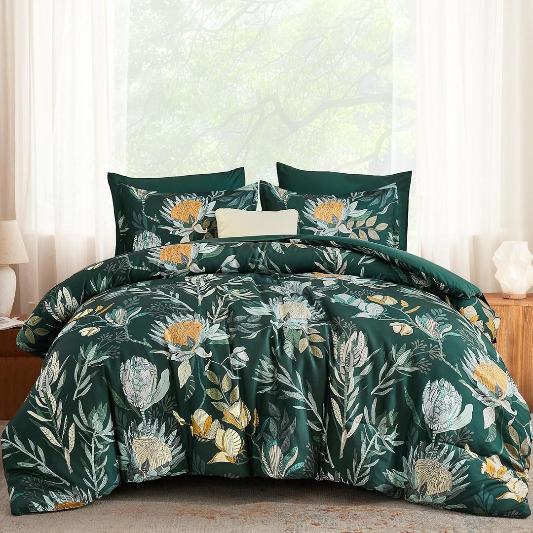 Luxudecor Queen Comforter Set 7 Pieces Bedding Sets, Dark Green Floral Comforter and Sheet Set, Soft Microfiber Bed in a Bag for All Seasons (Dark Green,90"x90")