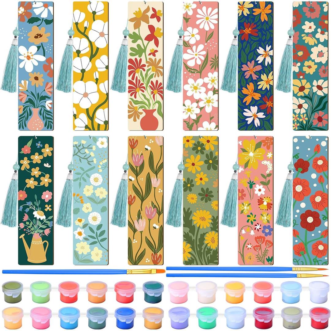 Kosiz 12 Pcs Butterfly Flowers Theme Paint by Numbers Kit for Adults Floral Wood Bookmark Painting Decor Mini Paint by Numbers Kit Tassels Blank Bookmarks Craft for Small DIY Book Lovers Gift 7x2 ''