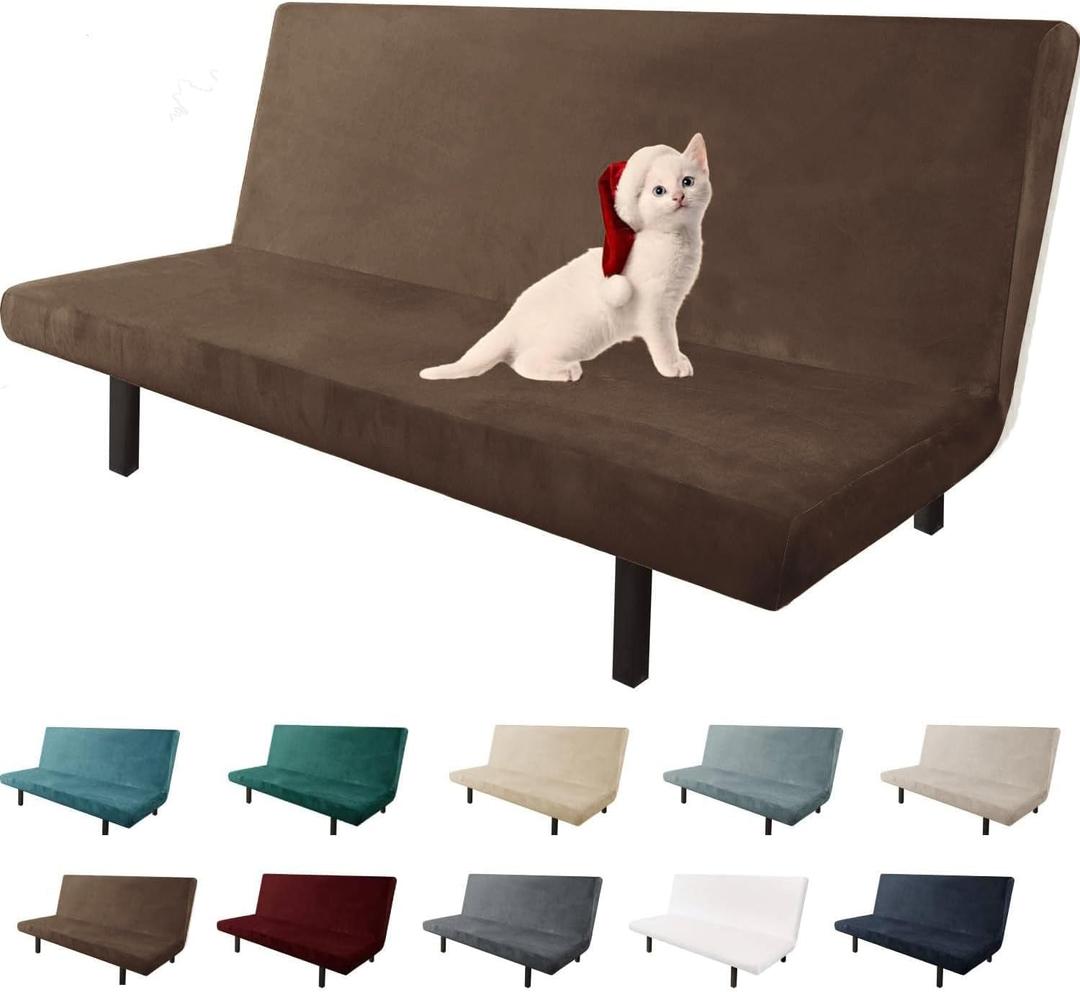 Velvet Futon Cover High Stretch Armless Couch Covers Spandex Fabric Sofa Bed Slipcover Anti Slip Furniture Protector with Elastic Bottom Machine Washable (Futon, Dark Coffee)