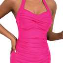Women's Retro Tummy Control Swimsuits Halter One Piece Slimming Swimwear,Vintage Boyshorts Ruched Push Up Bathing Suit (Hot Pink)