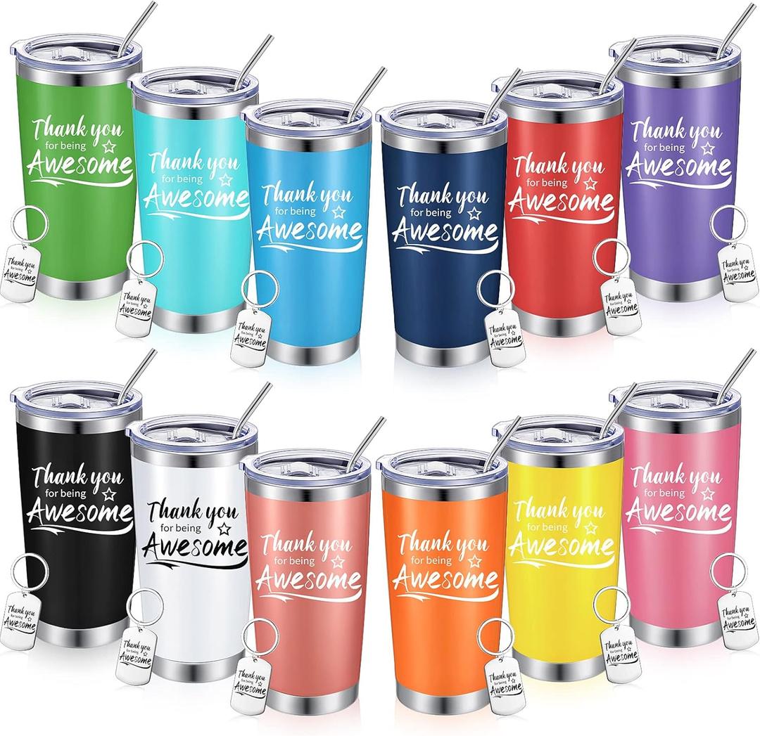Sieral 24 Pieces Thank You for Being Awesome Tumbler, Thank You Supplies for Women Men 20oz Insulated Stainless Steel Travel Tumbler with Lid and Straw Appreciation Gift with Keychain (Multicolor)
