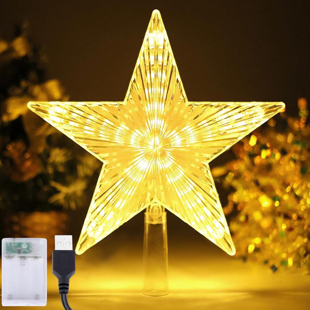 Christmas Tree Topper Star Warm White Light,Star Tree Topper for Christmas Tree Decoration Xmas Tree Topper with 30 LED Lights Battery and USB Powered 8.7 Inch