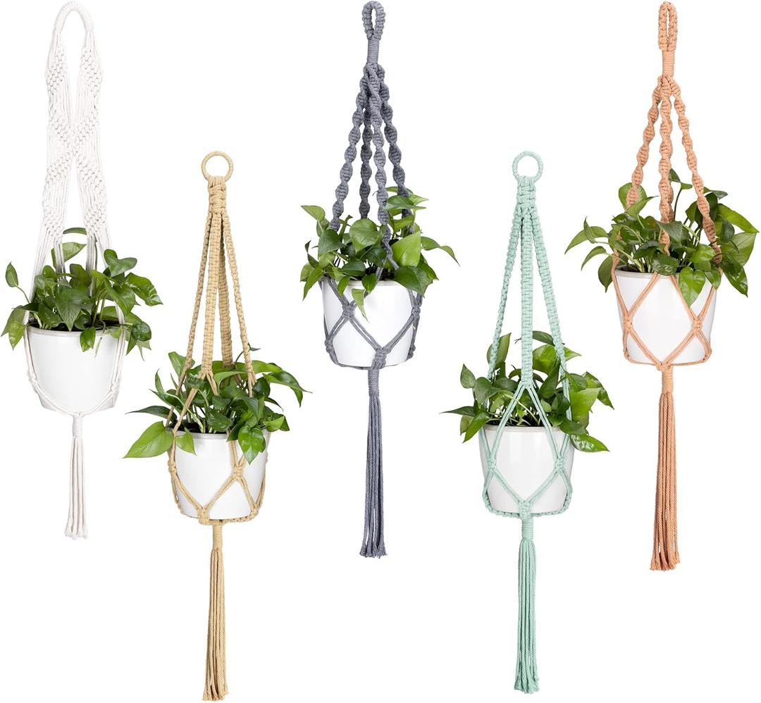 Navaris Macrame Plant Hangers (Set of 5) - Macrame Plant Hanger Set Cotton Pot Holder for Hanging Plants Indoor Outdoor - Pack with 5