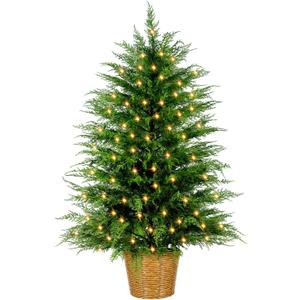 ENVEN 3FT Prelit Artificial Cedar Christmas Tree with Lights Plug in Power, Faux Cedar Potted Christmas Tree in Decorative Wicker Basket, Realistic Indoor Outdoor Holiday Decoration