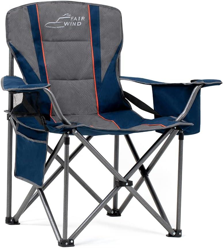FAIR WIND Padded Camping Chair 500LBS Capacity Heavy Duty Oversized Folding Chair for Heavy People Portable Lawn Chair with Adjustable Lumbar Support, Cooler Bag & Cup Holder for Outdoor, Beach (Single Pack, Blue)