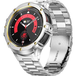 SUPLINK Metal Case and Band Compatible with Samsung Galaxy Watch 5 Pro Band 45mm, Rugged Stainless Steel Protective Case Bands for Galaxy 5 pro Watch Men, Silver/Gold