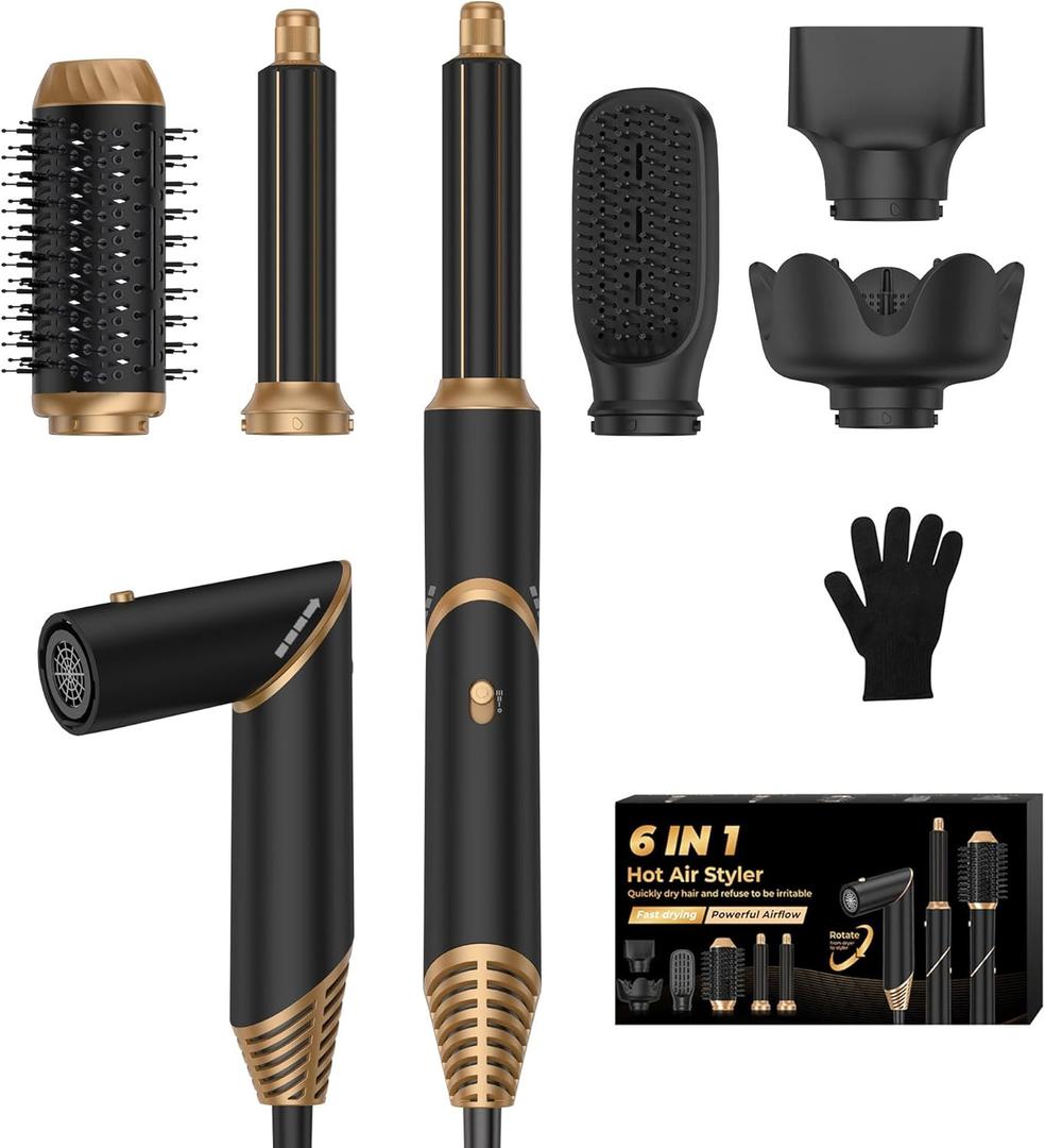 6 in 1 Hair Dryer Brush, Foldable Blow Dryer Brush with Air Styler Curler Wrap, Detachable Hot Air Brush Dry,Volumize, Straight,Curl, Negative Ion Brush Blow Dryer with Diffuser, Hair Styler Tools