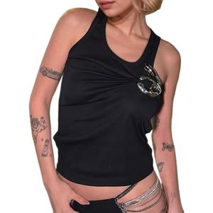 Solid Color Tank Tops - Y2K Strap Tank Top with Metallic Accessory Trendy Casual Streetwear Fashion Hotsweet (Black, M)