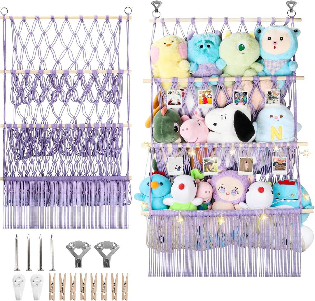 3 Tier Stuffed Animal Storage Shelf Net, 24x39 Inch Large Stuffy Storage w/ LED Light & Clips for Mini Medium Plushie Teddy, Purple Boho Macrame Wall Stuffed Animal Holder Display for Kids Girls Boys