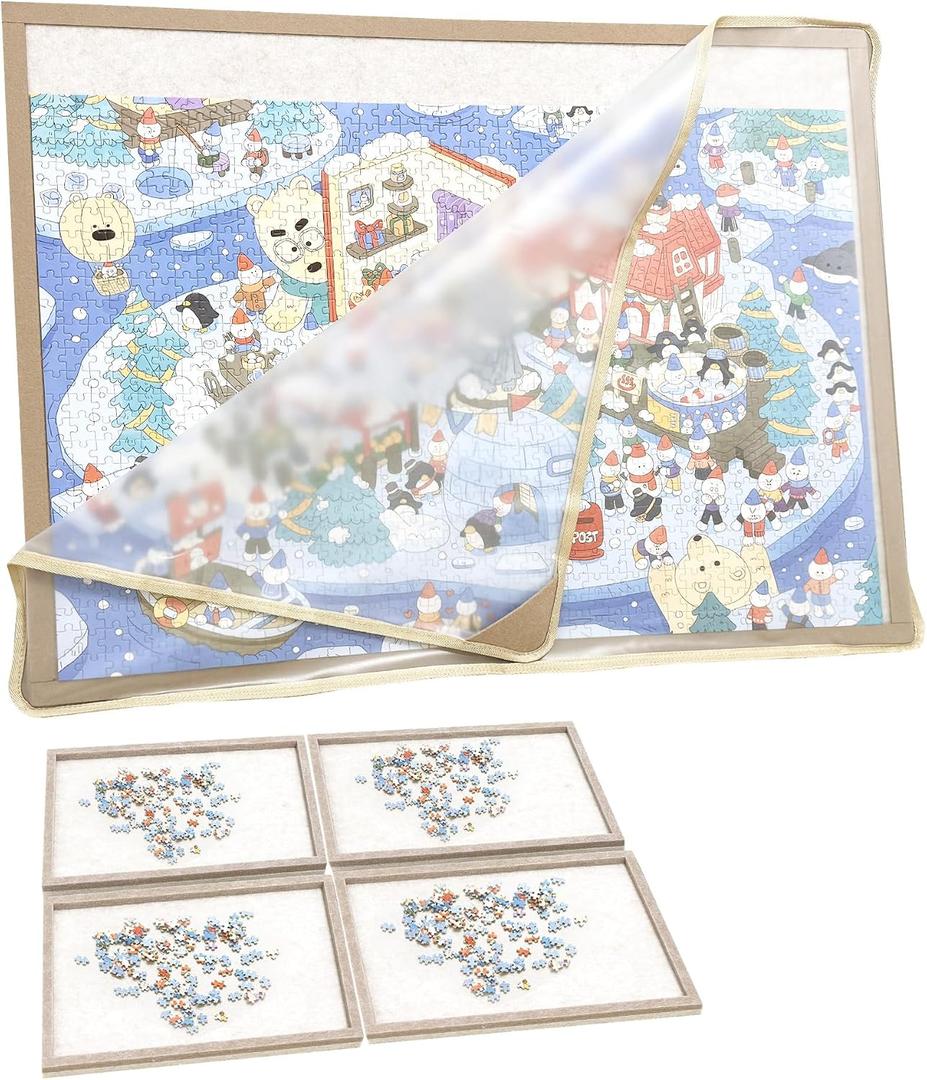 1000 Pieces Puzzle Board with 4 Sorting Trays & Protective Cover, 31.5" x 23.6"Portable Foldable Felt Puzzle Playing Surface - Lightweight Storage & Game Night Organizer