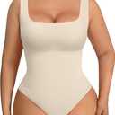 FeelinGirl Shapewear Bodysuits for Women Tummy Control Round Neck Body Suits Thong Body Shaper Beige M/ L